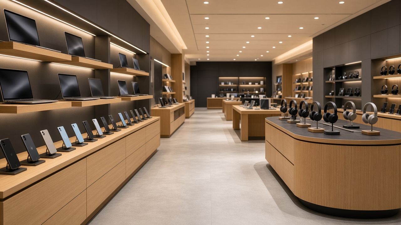 Electronics retail display with laptops and smartphones